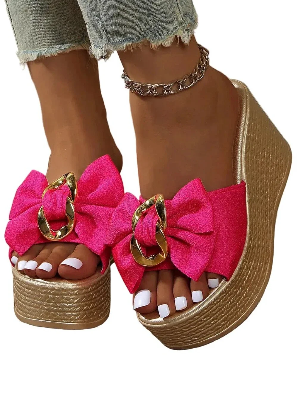 Gold Chain Oversized Bow Platform Open Toe Shoe Slip On Coquette Sandal Hot Pink